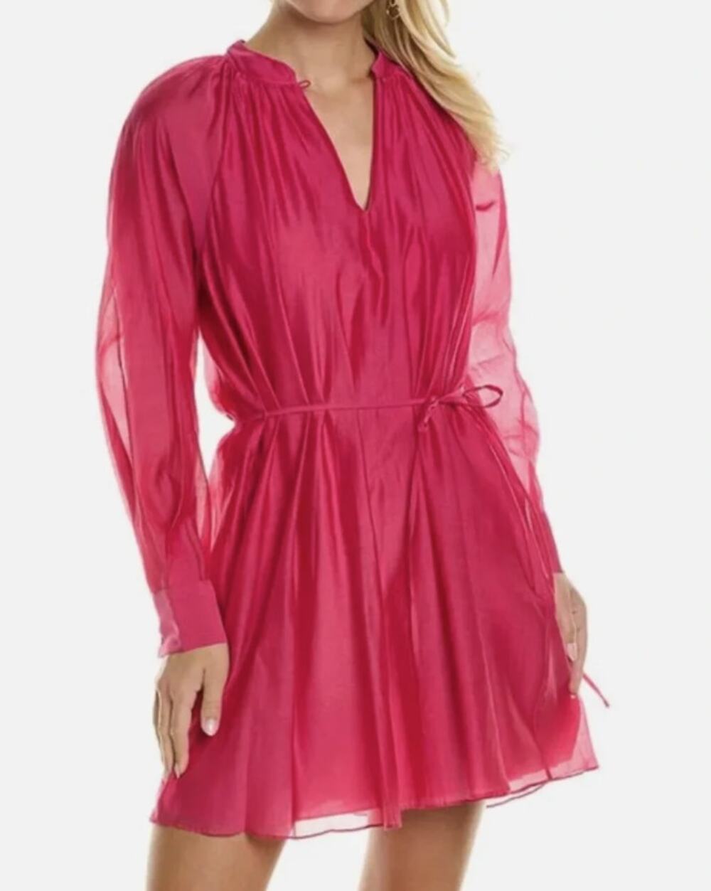 Rebecca Taylor Pink Silk Blend Shirt Dress Tie Waist Pockets Size S
